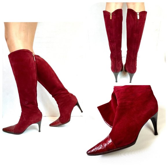 Auc Sergio Rossi Suede Croc Toe Tall Boots